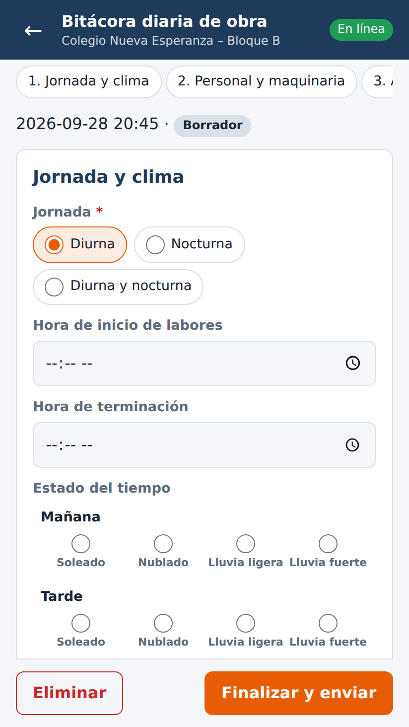 Formulario de bitácora diaria de obra en Bitácora360: jornada, clima y personal