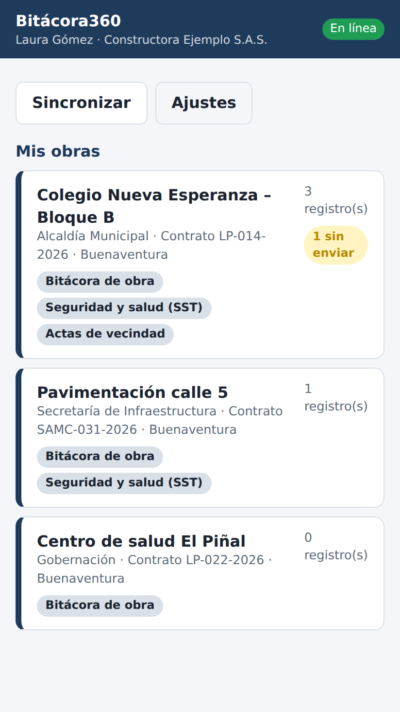 Lista de obras en la app Bitácora360 en el celular